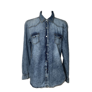 Fashion Web Acid Wash Snap Button Front Long Sleeve Denim Shirt Top - Size Large